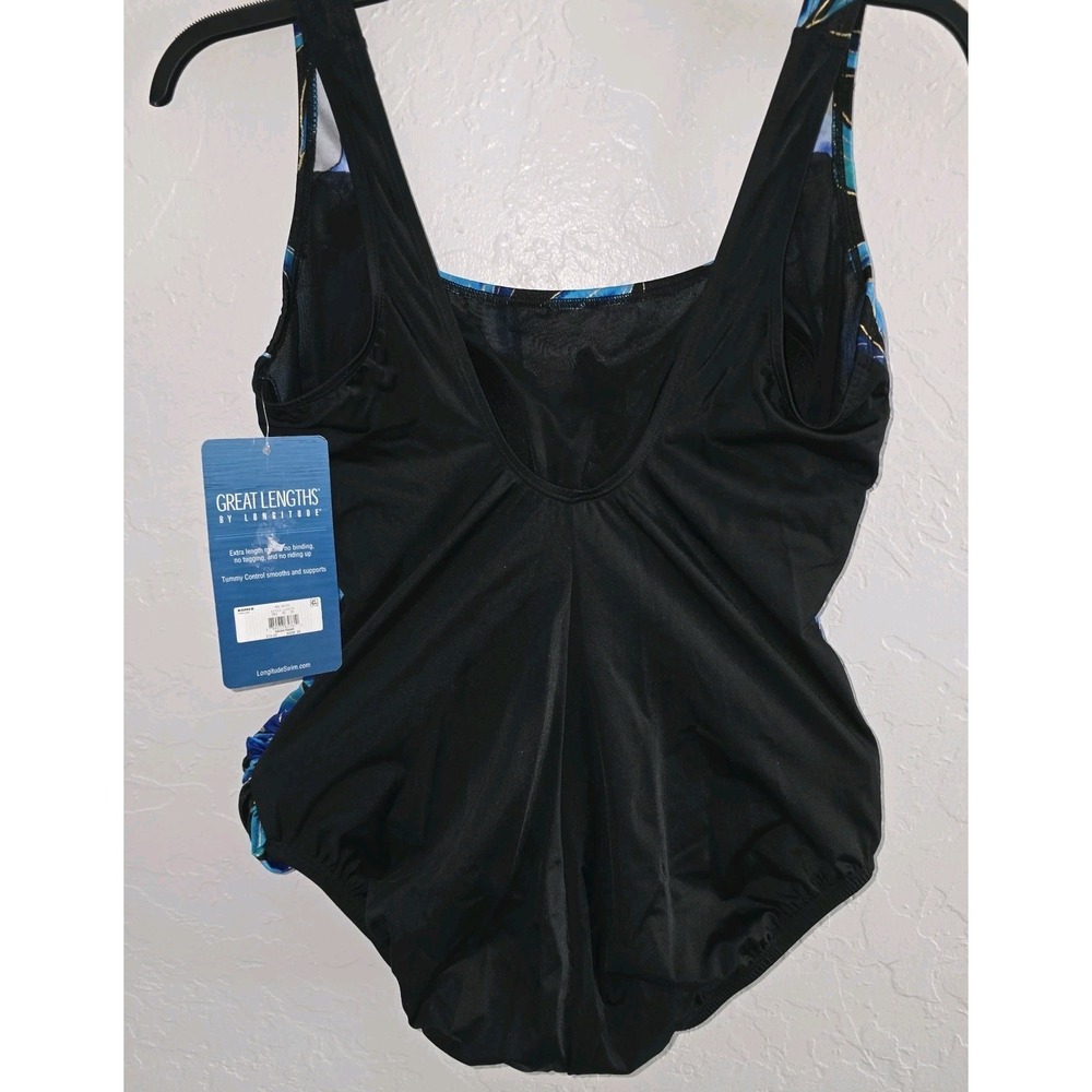 Great Lengths Swimsuit 10 One Piece Lined Shelf Bra Blue Black Gold Floral - Picture 4 of 7
